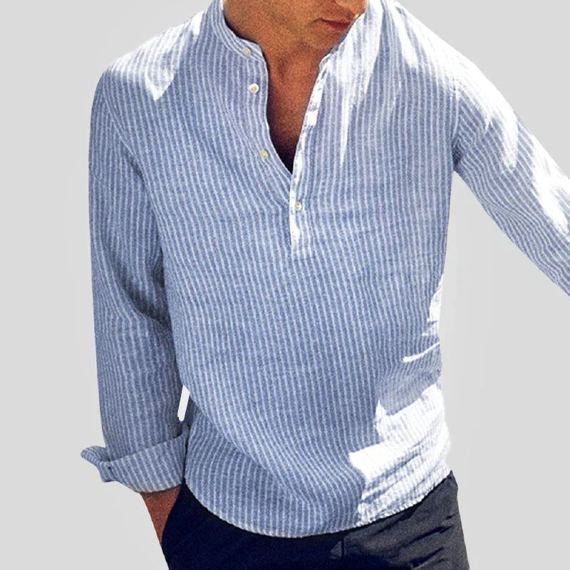 Herren Langarm Henley Hemd Baumwolle Leinen Mischung Gestreift