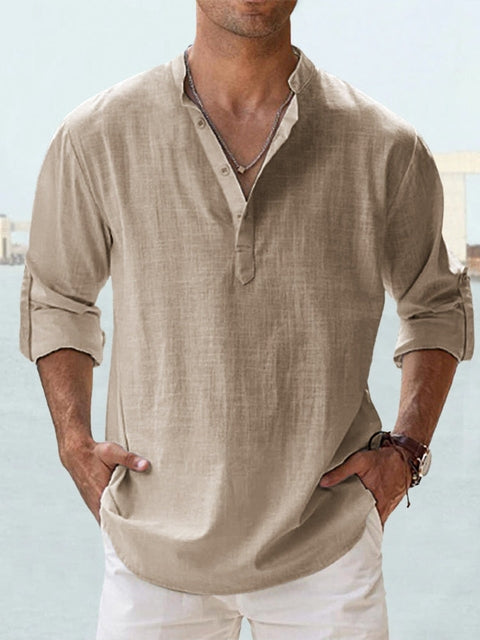 Leinen-Baumwolle Henley — Lange Ärmel