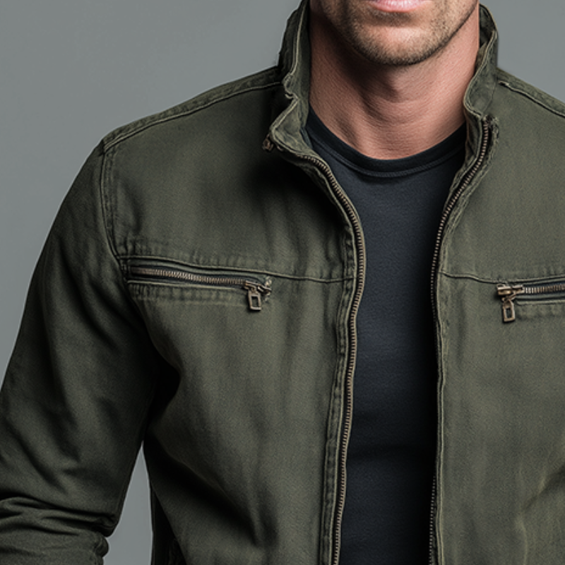 Veste décontractée vintage pour homme en coton lavé avec fermeture éclair et col à revers