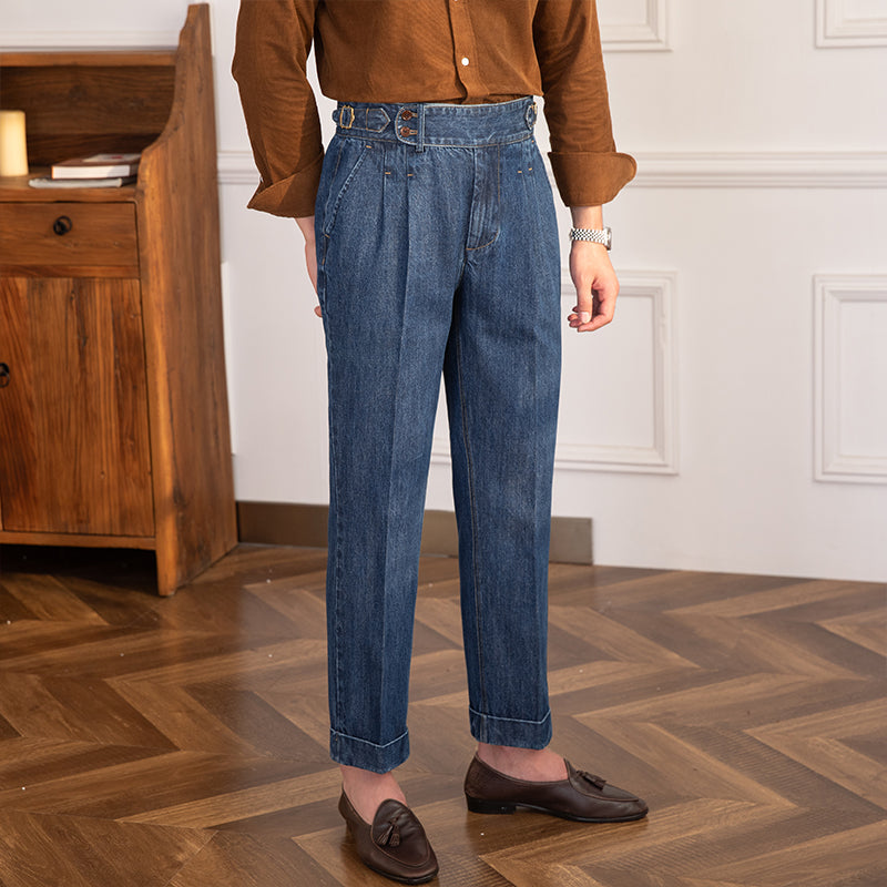 Denim Lorenzo Vintage plissierte gerade geschnittene Hose