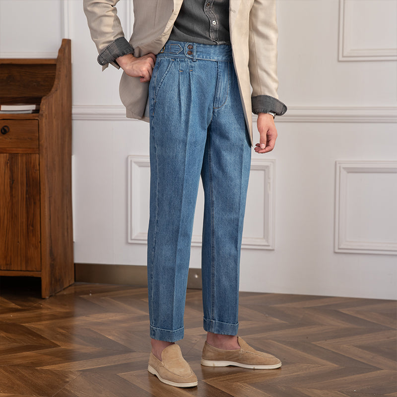 Denim Lorenzo Vintage plissierte gerade geschnittene Hose
