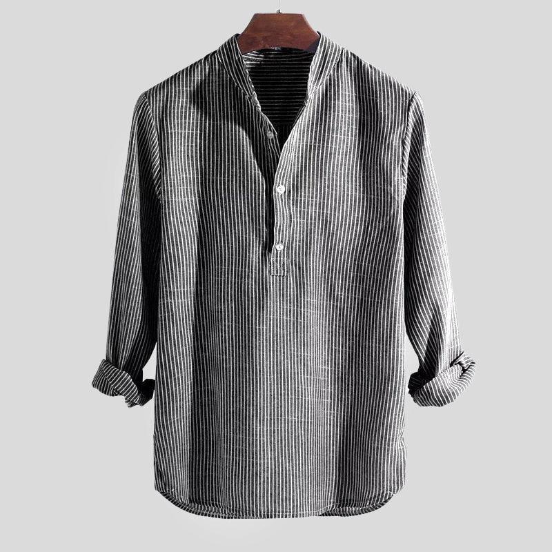 Herren Langarm Henley Hemd Baumwolle Leinen Mischung Gestreift
