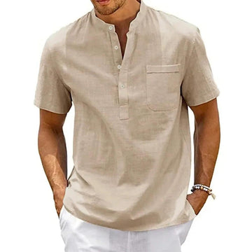 DuneCraft Henley | Men’s Cotton-Linen Pocket Tee for Summer Comfort