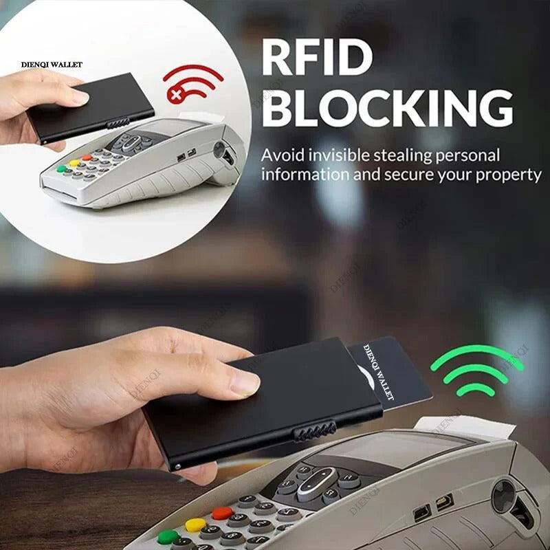 RFID-blockierende minimalistische Metall-Geldbörse mit Pop-Up-Kartenhalter für Männer und Frauen - schlankes, sicheres und stilvolles schwarzes Design