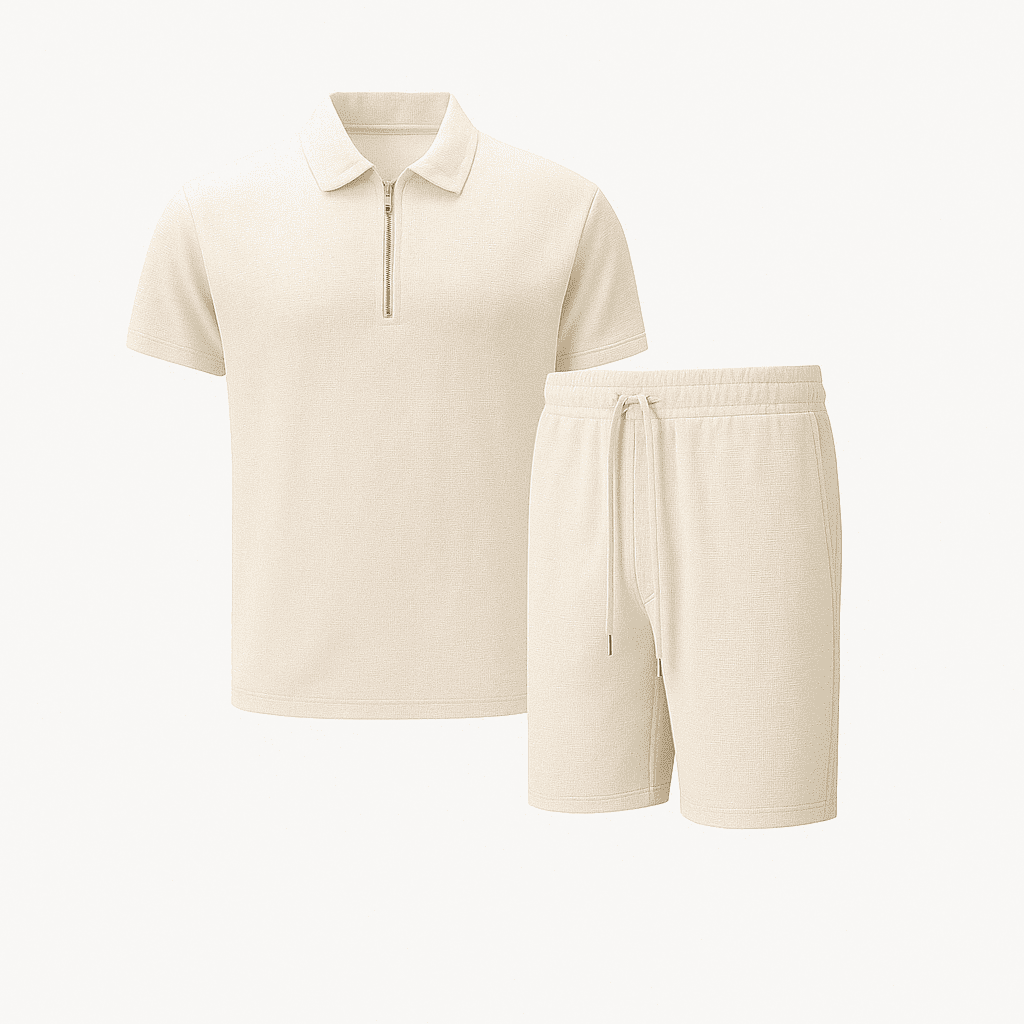 Kit Männer Soft Waffle Strick Sommer – Leichtes Passendes Polohemd & Shorts