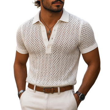 Fayymont | Men's Solid Hollow Out Plaid Knit Lapel Short Sleeve Polo Shirt