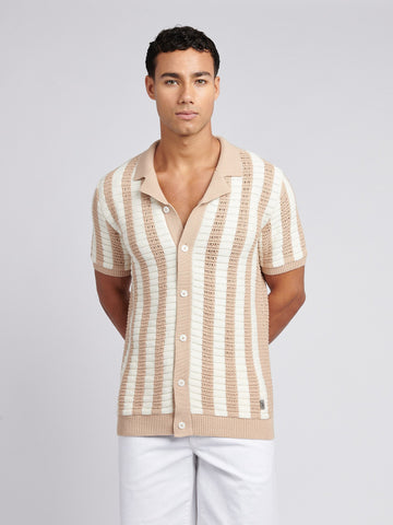 Mens Crochet Knit Open Collar Polo Shirt in Doeskin