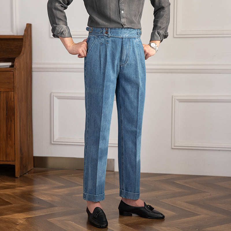 Denim Lorenzo Vintage plissierte gerade geschnittene Hose