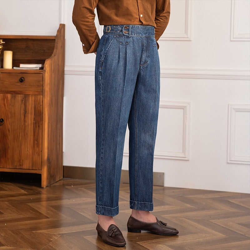 Denim Lorenzo Vintage plissierte gerade geschnittene Hose