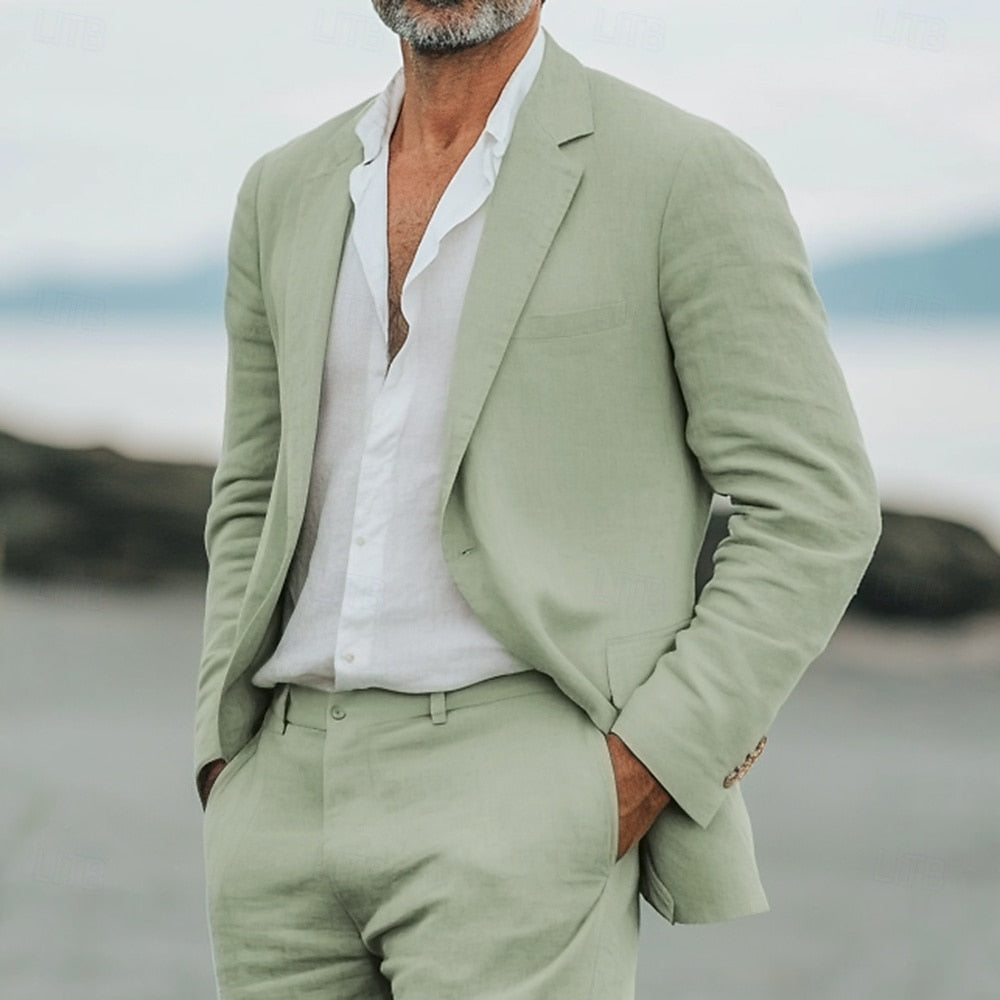 Herren 2-teiliger Leinenanzug – Leichtes Sommerblazer- und Hosenset