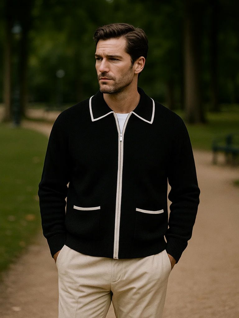 Schwarzer Riviera Retro Kontrast Strickcardigan