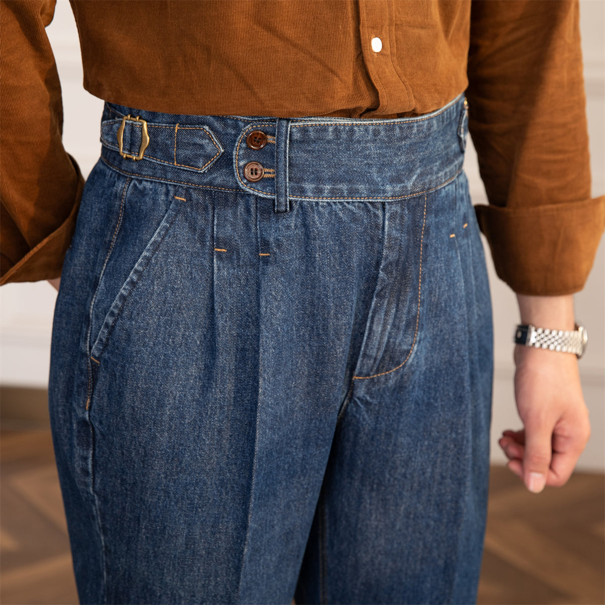 Denim Lorenzo Vintage plissierte gerade geschnittene Hose