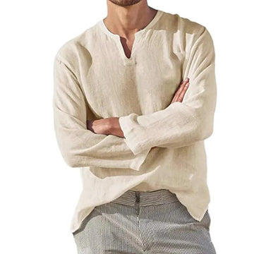 Breezewalk Linen Shirt | Men's V-Neck Long Sleeve Cotton Blend Pullover