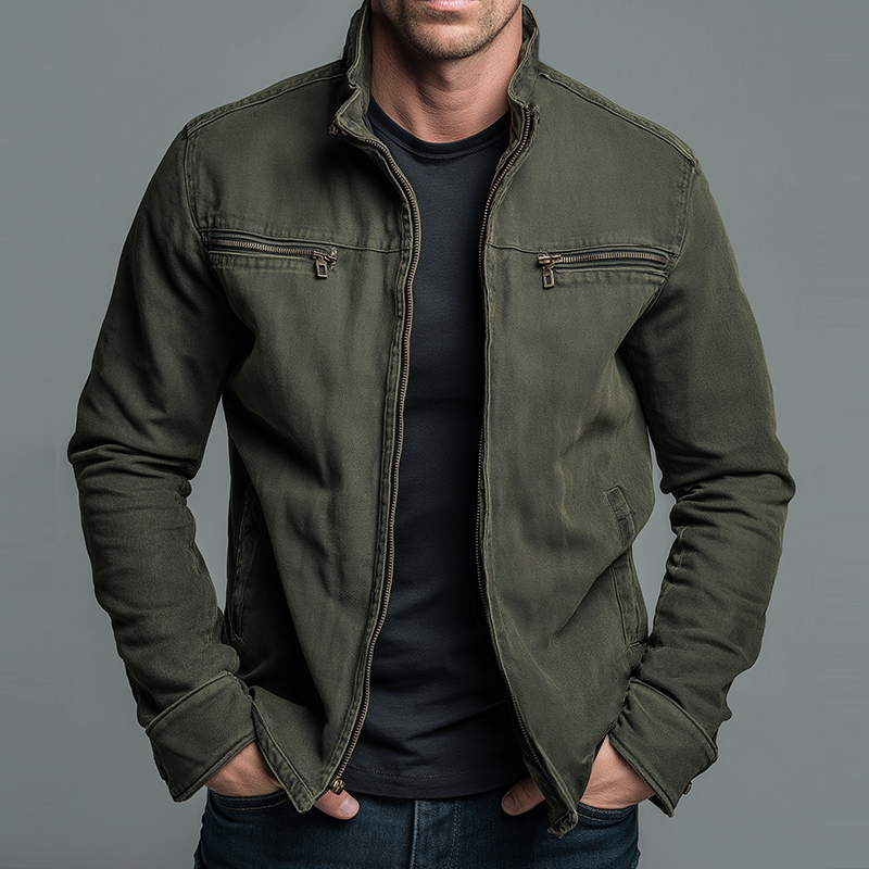 Veste décontractée vintage pour homme en coton lavé avec fermeture éclair et col à revers