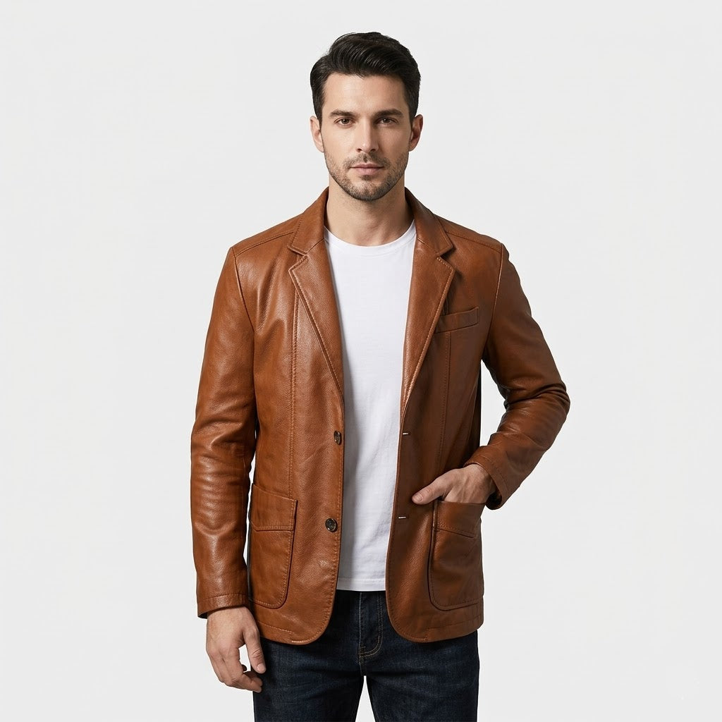 Stilvolle Herren-Lederjacke mit Stehkragen und Knopfverschluss