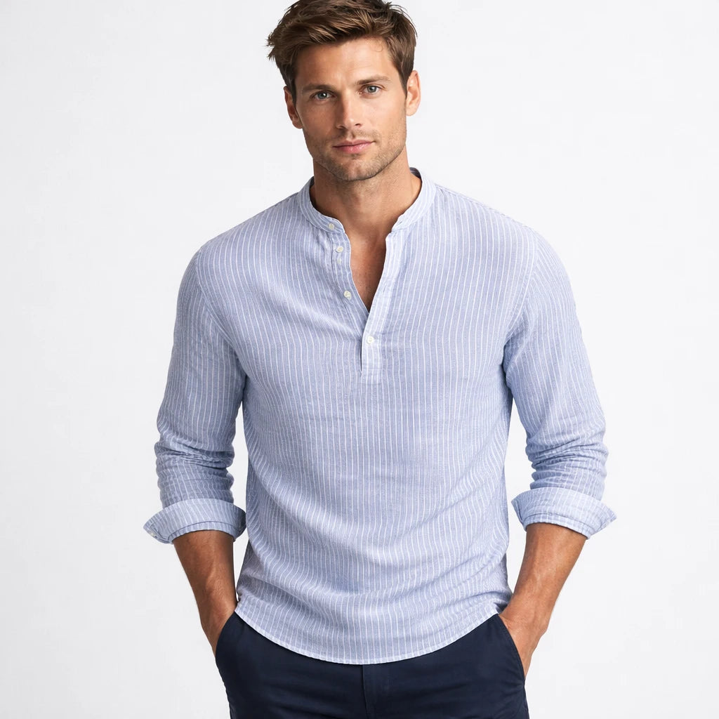 Herren Langarm Henley Hemd Baumwolle Leinen Mischung Gestreift
