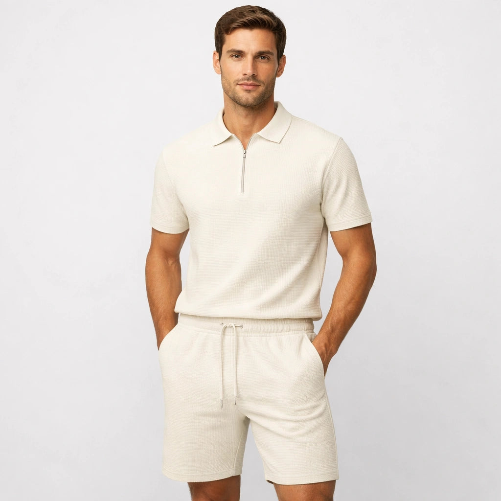 Kit Männer Soft Waffle Strick Sommer – Leichtes Passendes Polohemd & Shorts