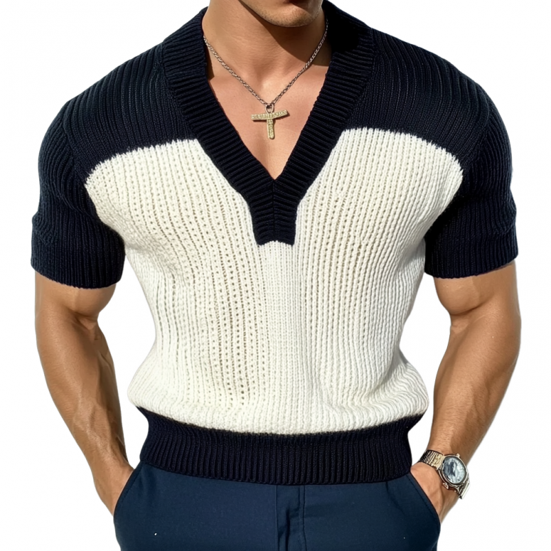 Men's Casual Contrast Color V-Neck Slim Fit Knitted Short Sleeve Sweater T-Shirt
