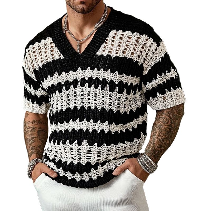 Fayymont | Men's Knitted Contrast Color V-neck Short-sleeved Sweater T-Shirt