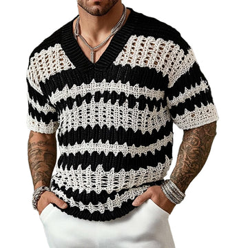 Fayymont | Men's Knitted Contrast Color V-neck Short-sleeved Sweater T-Shirt