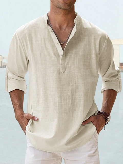 Leinen-Baumwolle Henley — Lange Ärmel