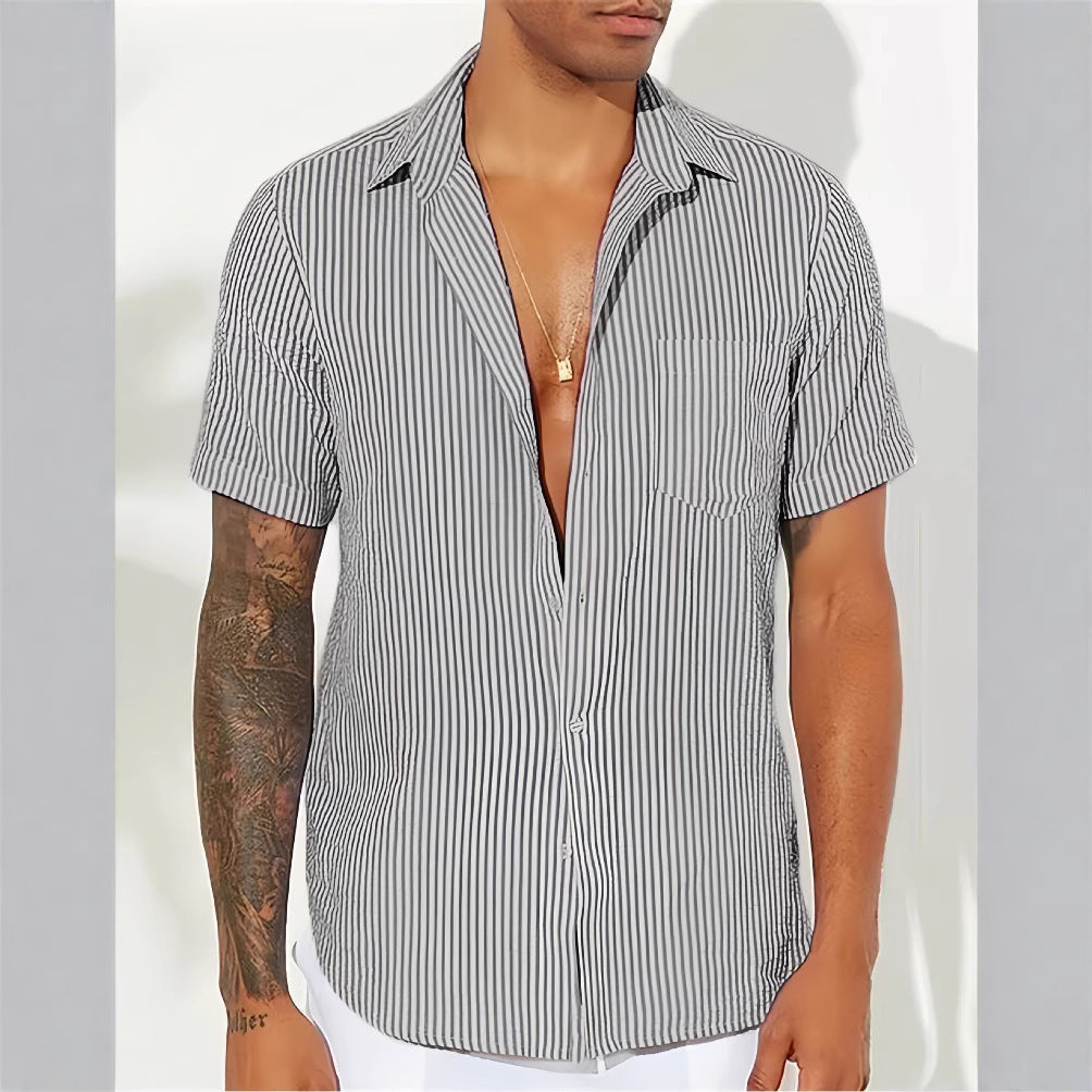 Men’s Casual Shirt – Cotton Blend – Relaxed Fit – Short Sleeve – Vertical Stripes
