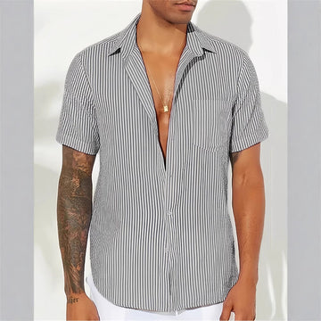 Men’s Casual Shirt – Cotton Blend – Relaxed Fit – Short Sleeve – Vertical Stripes