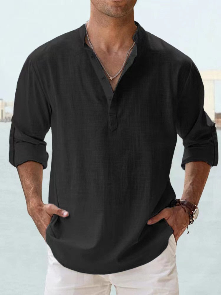Leinen-Baumwolle Henley — Lange Ärmel
