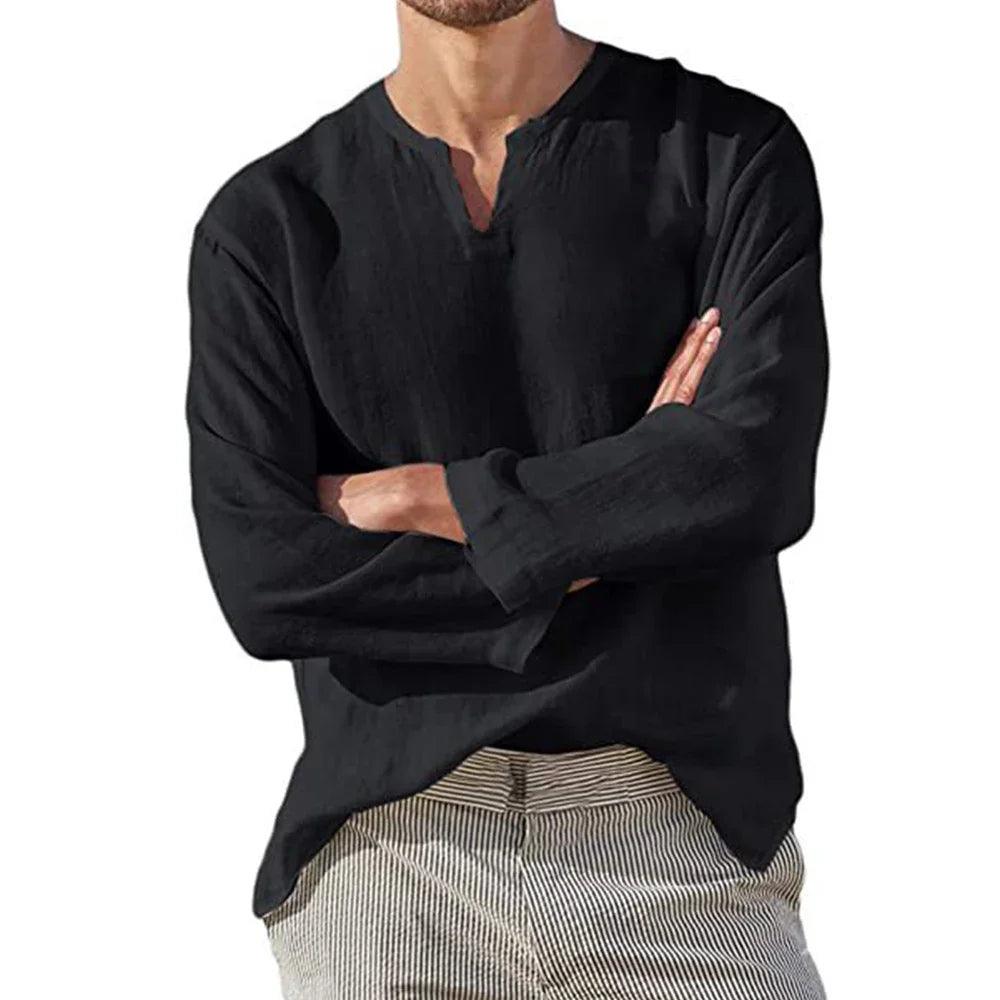 Breezewalk Linen Shirt | Men's V-Neck Long Sleeve Cotton Blend Pullover