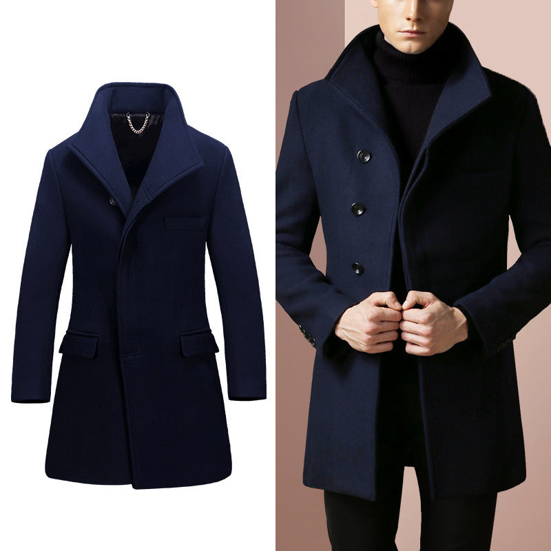 Men’s Merino Wool Blend Overcoat with High Collar