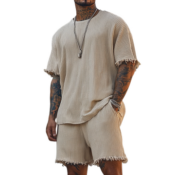 Men's Solid Striped Rough Edge Round Neck Short Sleeve T-shirt Shorts Set