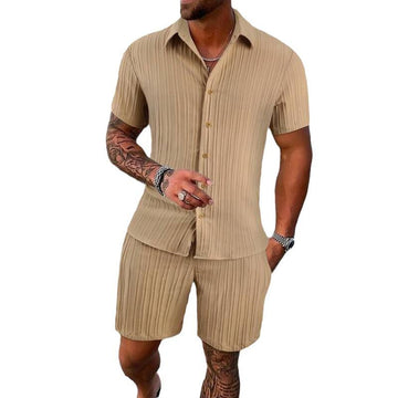 Men's Solid Color Striped Lapel Short Sleeve Shorts Casual Set