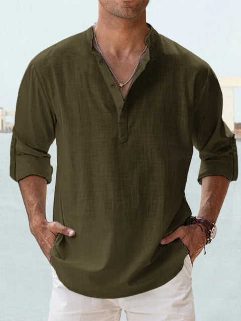 Leinen-Baumwolle Henley — Lange Ärmel