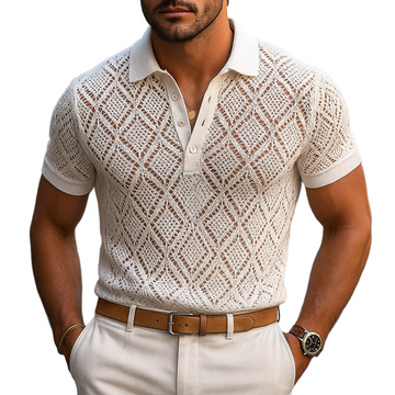 Men's Solid Plaid Knit Lapel Short Sleeve Polo Shirt