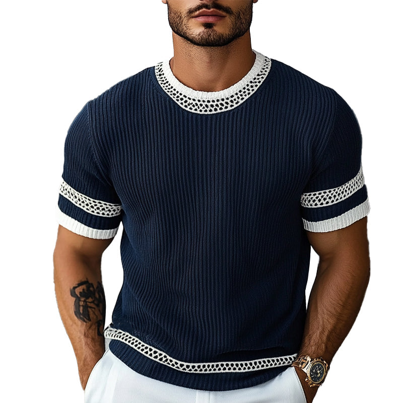 Fayymont | Men's Contrast Web Round Neck Knitted Short Sleeve T-Shirt